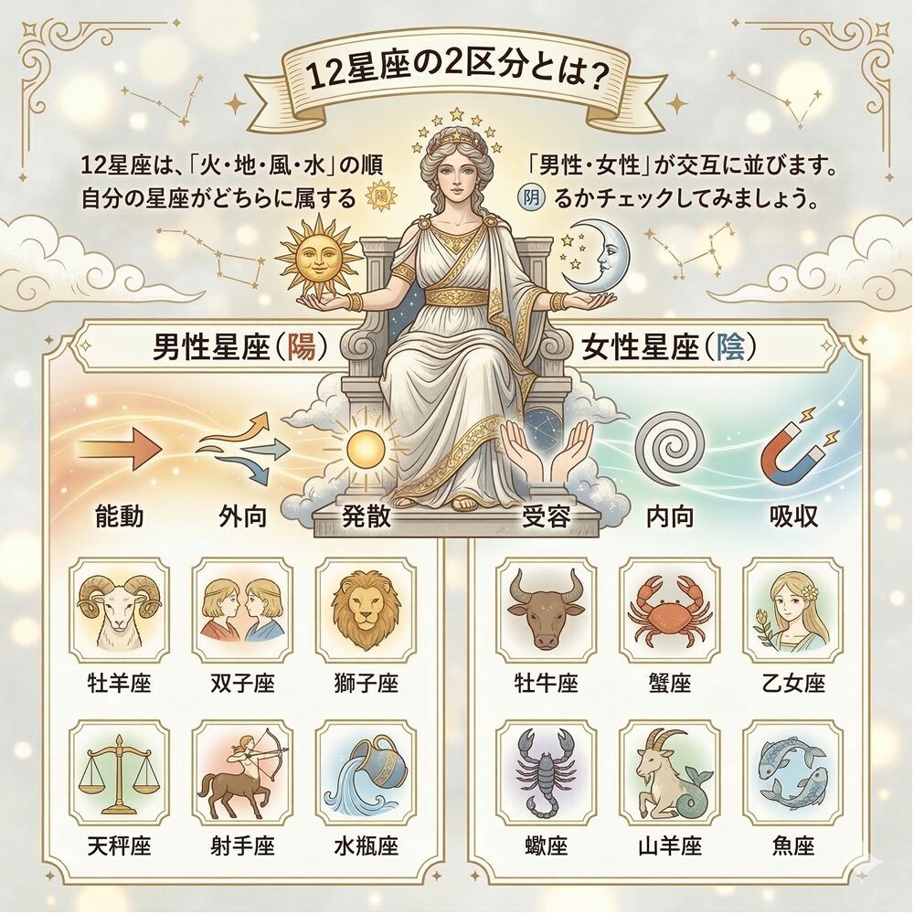 二区分（男性・女性星座）徹底解説｜心のエネルギーが向かう「方向」を知る