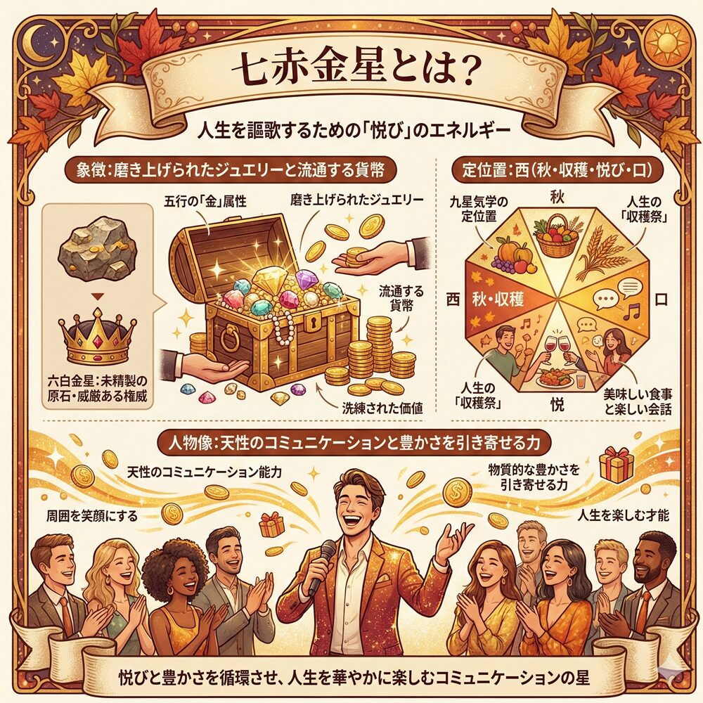七赤金星の性格と運勢！喜びと富を引き寄せる「収穫の星」完全ガイド