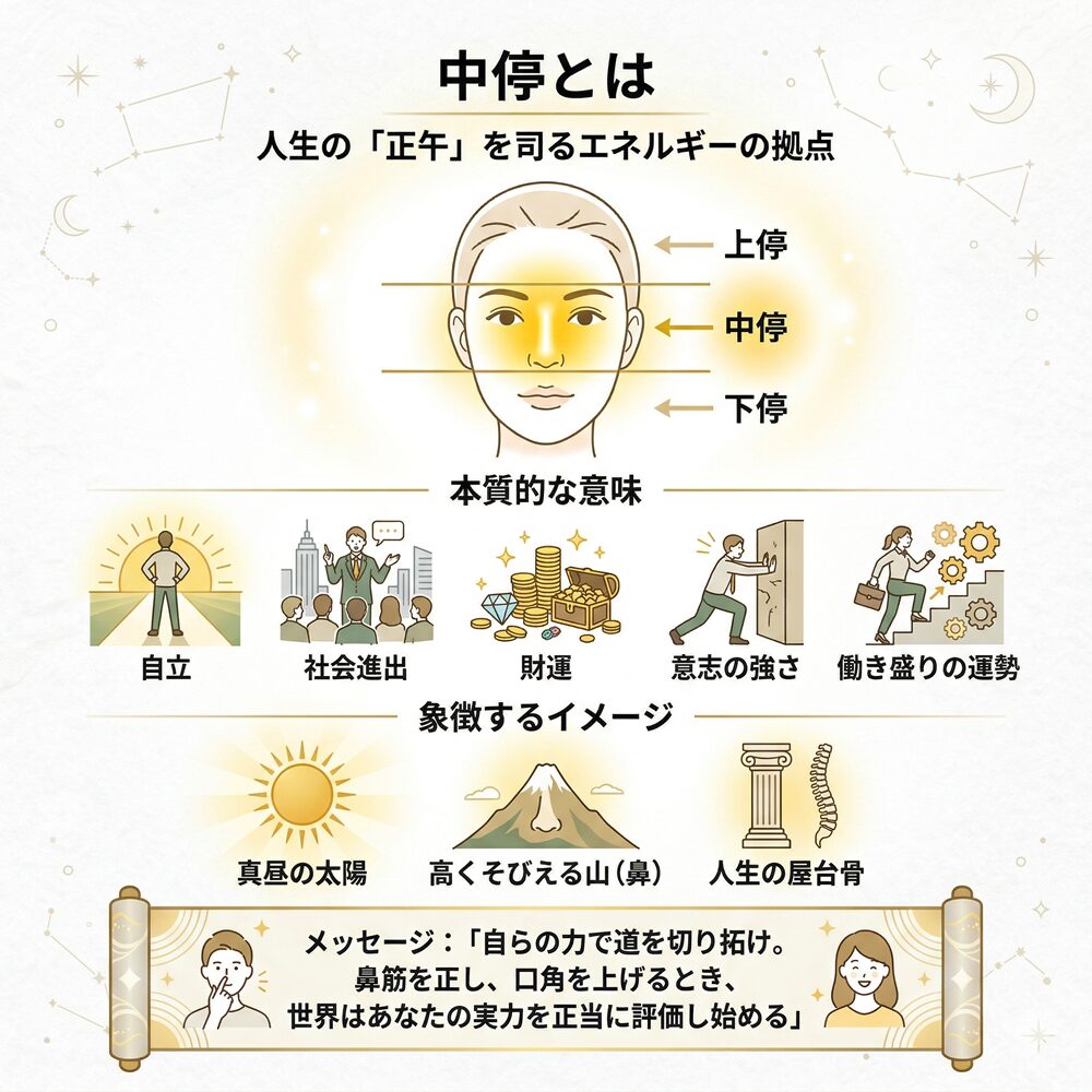 顔相の「中停（ちゅうてい）」の意味とは？人生の黄金期を読み解き、成功を掴む方法