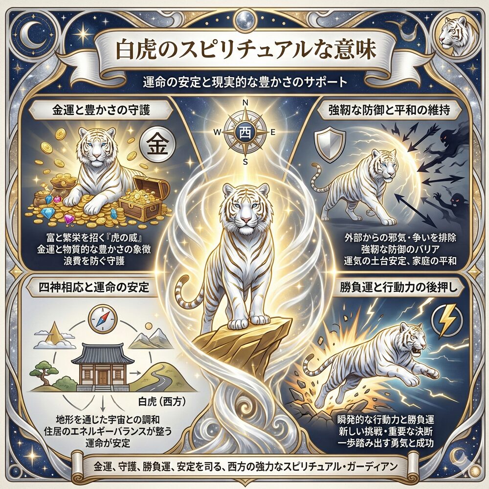 白虎（びゃっこ）のスピリチュアルな意味｜金運と勝負運を司り、家運を安定させる四神の守護