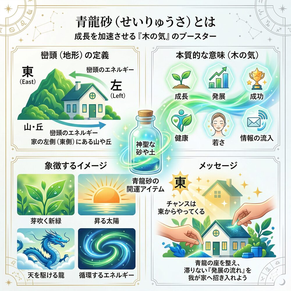 青龍砂（せいりゅうさ）の意味とは？東方の守護神と「発展の気」を呼び込む風水術