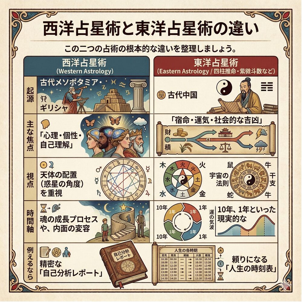 西洋占星術 vs 東洋占星術｜運命の「設計図」と「時刻表」を使いこなす究極ガイド
